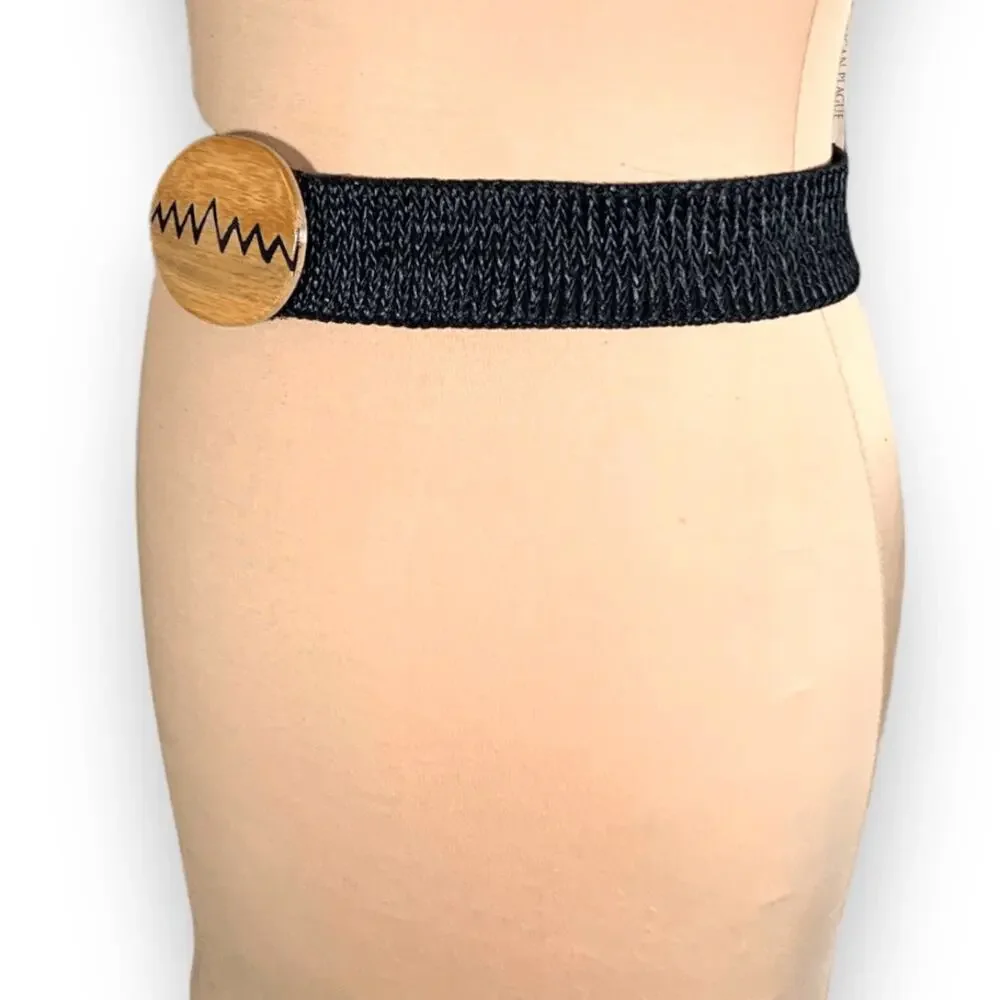Vintage Black Woven Stretch‎ Belt Wood Buckle Zig Zag Boho Western Festival